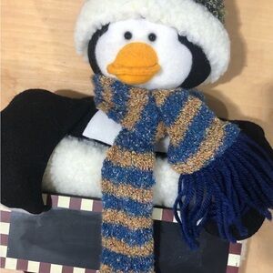 Penguin Plush Stocking with Blue and Gold Scarf